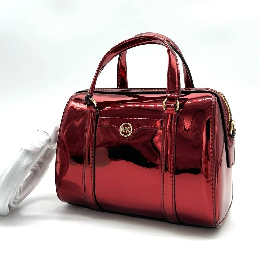 Michael Kors Jet Set Small Patent Duffel Crossbody Bag Cherry